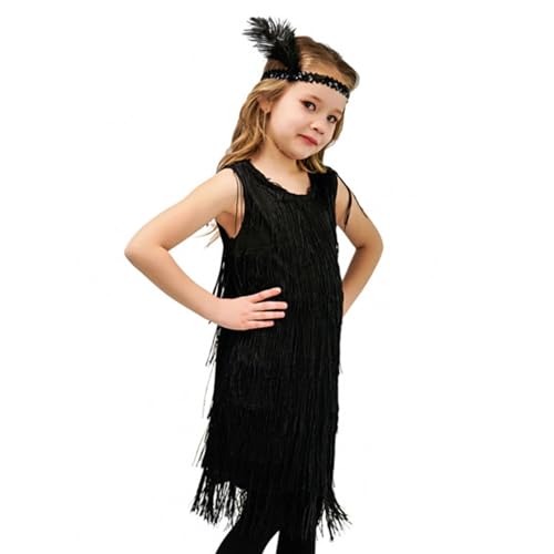 Kinder Kleider the 20er Jahre Fancy Fransenkleid Quaste Tanzkleid Kostüm Mädchen Flapper Kleid mit Perlenkette Feder Stirnband, Paillettenkleid Karneval Kleid Zubehör Flapper Kleid für Mädchen von Glücksvogel