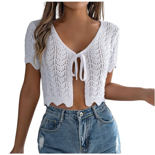 Lässige lange Hippie Häkelweste für Damen, Leichte SommerTop lockere Strickjacke Häkeln Strickweste Blumenmuster Boho-Spitze Kurzarm Häkeltop Vorne Offen Kurze Strand Beachwear Cardigan (White, L) von Glücksvogel