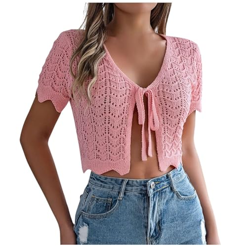 Lässige lange Hippie Häkelweste für Damen, Leichte SommerTop lockere Strickjacke Häkeln Strickweste Blumenmuster Boho-Spitze Kurzarm Häkeltop Vorne Offen Kurze Strand Beachwear Cardigan Bluse (M) von Glücksvogel