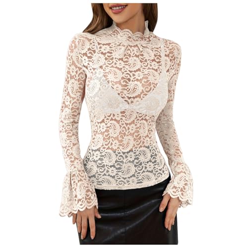 Langarmshirt Damen Elegant Mit Spitze Oberteil Mit Stehkragen Spitzentop Langarm Shirt Mit Spitze Spitzen Oberteile Elegant Spitzenshirt Blusetop Tunika Bluseshirt Festliche Spitzentops (Beige, XXL) von Glücksvogel