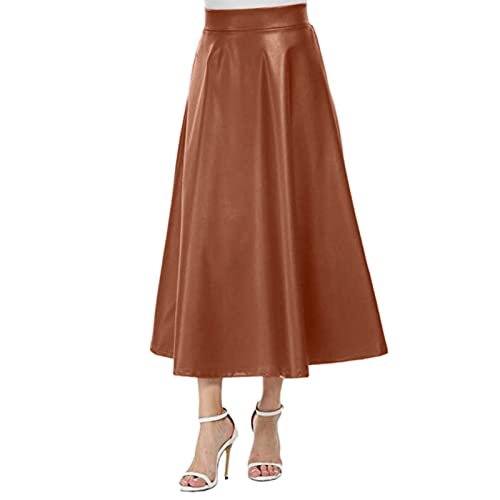 Lederrock Damen Kunstleder Pu Maxi Rock Schwarz Hohe Taille Stretch Wet Look Damen Rock Lang Casual Maxi Lederoptik A-Linie lang Plus Size Vintage Midirock Partyröcke Clubwear Kleid (Khaki, XXL) von Glücksvogel
