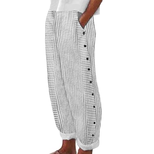 Leinenhose Damen Sommer Leichte Baumwolle 7/8 Sommerhose Casual Locker Freizeithose Weite Leg Hose Sommer Hohe Taille Elastischer Bund Stoffhose Yogahose Leinen Hose mit Taschen (A-White, XL) von Glücksvogel
