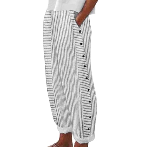 Leinenhose Damen Sommer Leichte Baumwolle 7/8 Sommerhose Casual Locker Freizeithose Weite Leg Hose Sommer Hohe Taille Elastischer Bund Stoffhose Yogahose Leinen Hose mit Taschen (A-White, XXL) von Glücksvogel