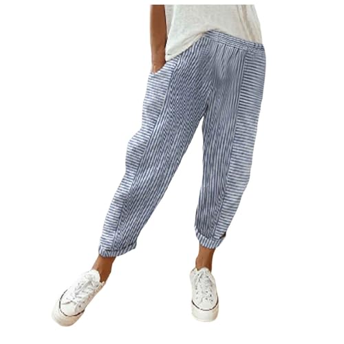 Leinenhose Damen Sommer Leichte Baumwolle 7/8 Sommerhose Casual Locker Freizeithose Weite Leg Hose Sommer Hohe Taille Elastischer Bund Stoffhose Yogahose Leinen Hose mit Taschen (B-Blue, M) von Glücksvogel