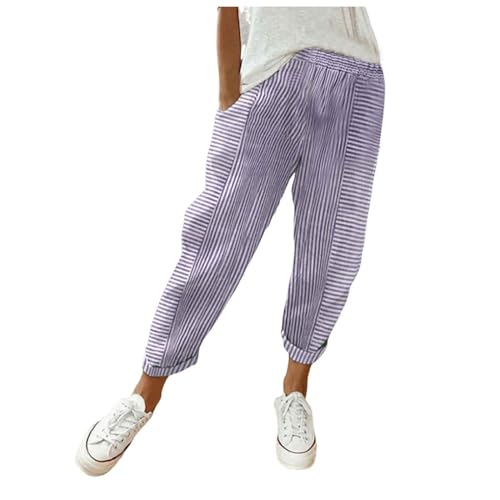 Leinenhose Damen Sommer Leichte Baumwolle 7/8 Sommerhose Casual Locker Freizeithose Weite Leg Hose Sommer Hohe Taille Elastischer Bund Stoffhose Yogahose Leinen Hose mit Taschen (B-Purple, XL) von Glücksvogel