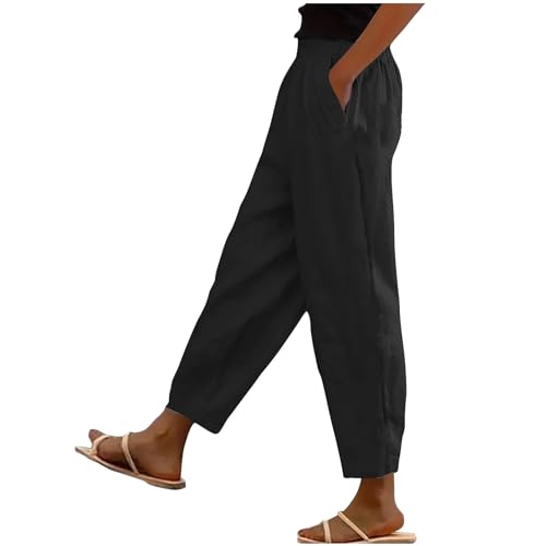 Leinenhose Damen Sommer Leichte Baumwolle 7/8 Sommerhose Casual Locker Freizeithose Weite Leg Hose Sommer Hohe Taille Elastischer Bund Stoffhose Yogahose Leinen Hose mit Taschen (D1-Black, XXL) von Glücksvogel