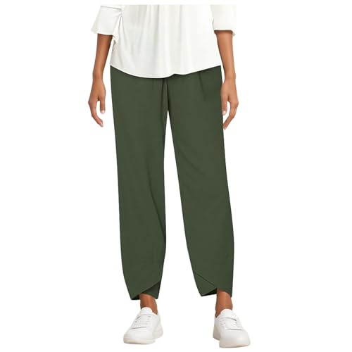Leinenhose Damen Sommer Leichte Baumwolle 7/8 Sommerhose Casual Locker Freizeithose Weite Leg Hose Sommer Hohe Taille Elastischer Bund Stoffhose Yogahose Leinen Hose mit Taschen (EA-Army Green, XL) von Glücksvogel