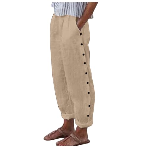 Leinenhose Damen Sommer Leichte Baumwolle 7/8 Sommerhose Casual Locker Freizeithose Weite Leg Hose Sommer Hohe Taille Elastischer Bund Stoffhose Yogahose Leinen Hose mit Taschen (EB-Khaki, XXL) von Glücksvogel