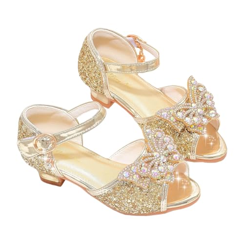 Mädchen Prinzessin Sandalen Absatz KinderSchuhe High Heel Kleid Schuhe High Heel Party Glitzer Kristall Stöckelschuhe Mädchen Hochzeit Kostüm Karneval Verkleidung Party Aufführung (Gold, 35 Big Kids) von Glücksvogel