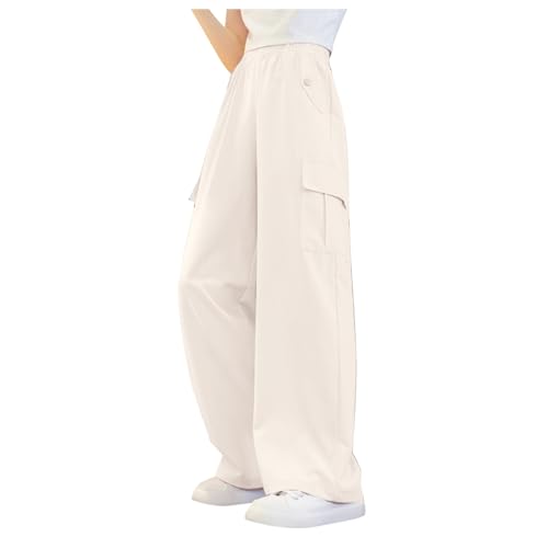 Mädchen Teenager High Waist Baggy Cargo Hose Fallschirmhose Mädchen Oversize Lange Weite Bein Freizeithose Jogger Cargohose Teenager Jogginghose Hip Hop Sweathose Streetwear Hose für (Beige, 160) von Glücksvogel