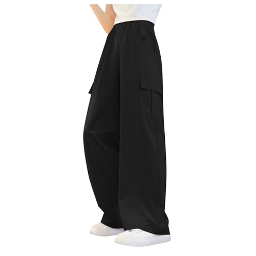 Mädchen Teenager High Waist Baggy Cargo Hose Fallschirmhose Mädchen Oversize Lange Weite Bein Freizeithose Jogger Cargohose Teenager Jogginghose Hip Hop Sweathose Streetwear Hose für (Black, 130) von Glücksvogel