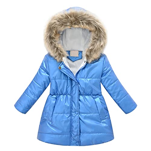 Mädchen Winterjacke Baby Steppjacke Wintermäntel mit Kunstfell Kapuze Medium Länge Warme Windjacke Kinderjacke Dick Mantel Gegütterte Kapuzenjacke Kinder Kapuzenparka 2-11 Jahre alt (Blue, 4-5 Years) von Glücksvogel
