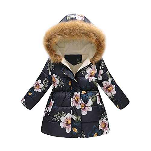 Mädchen Wintermäntel Floral Daunenjacken mit Fell Kapuze Lang Winterjacke Kälteschutz Verdickte Daunenmantel Kinder Winter Warme Winddichte Jacke Baumwolle Gepolsterter Übermantel (Navy, 2-3 Years) von Glücksvogel