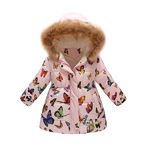 Mädchen Wintermäntel Floral Daunenjacken mit Fell Kapuze Lang Winterjacke Kälteschutz Verdickte Daunenmantel Kinder Winter Warme Winddichte Jacke Baumwolle Gepolsterter Übermantel (Pink, 4-5 Years) von Glücksvogel