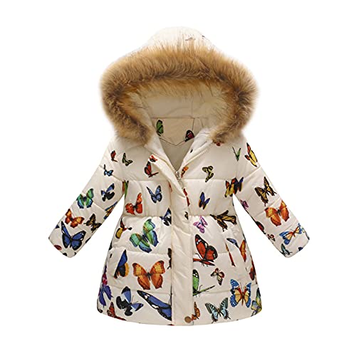 Mädchen Wintermäntel Floral Daunenjacken mit Fell Kapuze Lang Winterjacke Kälteschutz Verdickte Daunenmantel Kinder Winter Warme Winddichte Jacke Baumwolle Gepolsterter Übermantel (White, 4-5 Years) von Glücksvogel