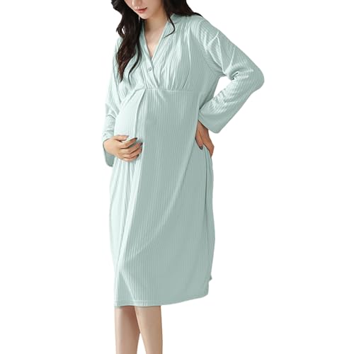 Nachthemd Damen Baumwolle Mutterschaft Stillnachthemd Langarm V Ausschnitt Umstandsnachthemd Stillen mit Knöpfen Geburtskleid Umstandskleid Umstandsmode für Schwangere Stillende (Mint Green, XL) von Glücksvogel
