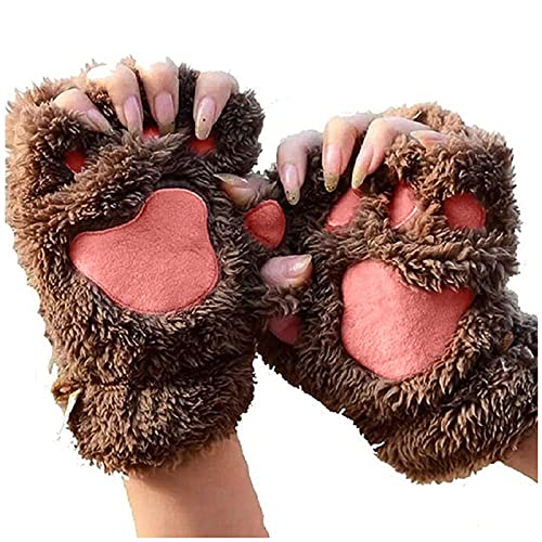 Niedlich Katze Klaue Pfote Plüschwarmen Fingerlose Handschuhe Kawaii Handschuhe Cosplay Kunstpelz Warm Katzen Handschuhe Löwenpfoten Winter Halbfingerhandschuhe für Mädchen Frauen (Brown, One Size) von Glücksvogel