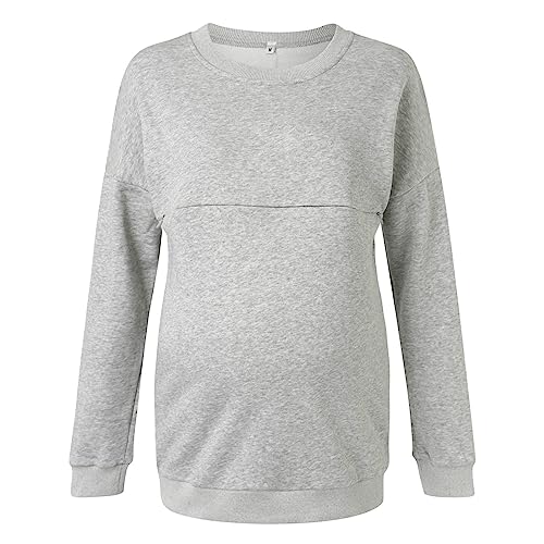 Pflege Sweatshirt Langarm Umstandspullover T-Shirt Winter Stillen Pullover Tops mit Reißverschluss Stillshirt Damen Fleece Stilloberteile Winter Umstandsmode Schwangerschaftssweatshirt (Grey-1, S) von Glücksvogel