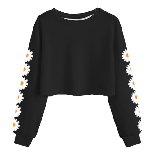 Pullover Kind Mädchen Cartoon Grafik Langarmshirt Freizeit Rundhalsausschnitt Cropped Pullover Baumwolle Langarm Sweatshirt Top Weicher Lässige Casual Oberteile Top Mädchen (Black, 12-13 Years) von Glücksvogel