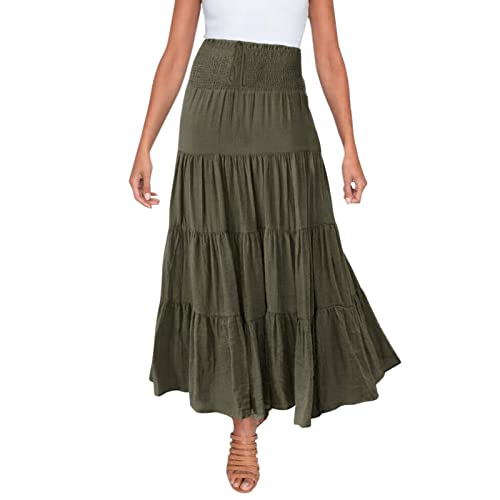 Rock Damen Lang Boho Blumen Hohe Elastische Taille Maxi Skirt Faltenrock Strandrock Freizeitrock Female Lang Plissierter Rock Einfarbiger Maxirock Sommerrock (C-Army Green, XL) von Glücksvogel
