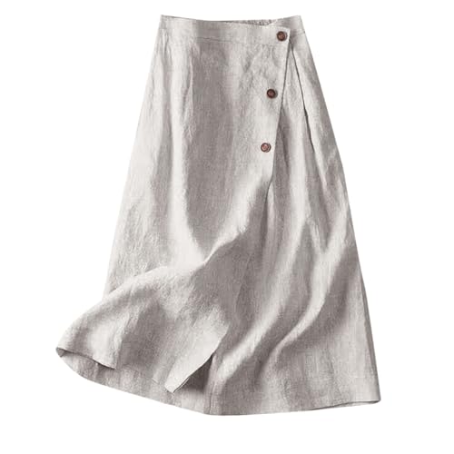 Rock Damen Leinenrock Retro Vintage Elastischer Taillenband Baumwolle Wickelrock Leinen Rock Freizeitrock Langer Maxirock Bohemian Einfarbig Swing Faltenrock Casual A-Linie Rockabilly Sommerrock von Glücksvogel