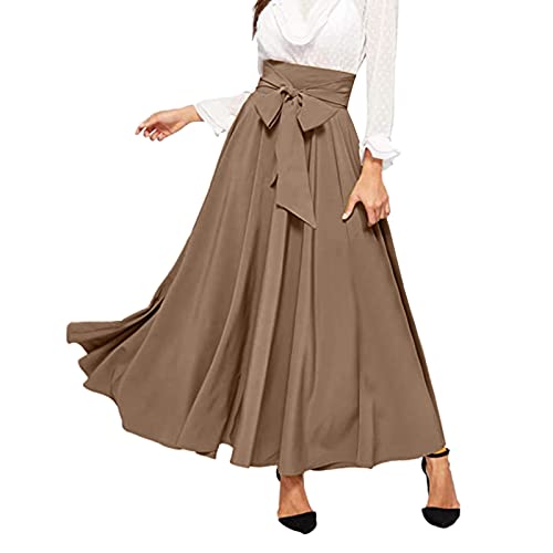 Röcke Damen Maxi Länge Elegant Swing Rock Hohe Taille Bund Maxirock Einfarbig Casual Freizeitrock Hochzeit Cocktail Skirt Lang Rock Frauen Boho Festlich Langrock A-Linie Plissierter Rock (Khaki, M) von Glücksvogel