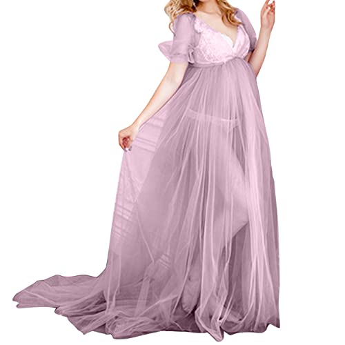 Schwangere Elegant Maxikleid Damen Umstandsmode Kleid Maxi Spitzenkleid Party Schwangerschaft Mutterschaft Fotografie Kleid Umstandskleid Fotoshooting Schwangere Mutter Trailing Kleid (Pink, S) von Glücksvogel