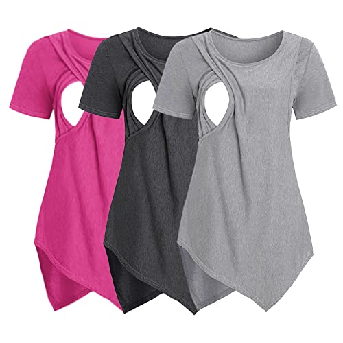 Schwangere Top Damen Stillshirt, 3er Pack Umstandsmode Maternity-Shirt Schwangerschaft Überlagertes Design Stilltop Frauen Baumwoll Rundhals Umstandsshirt Mutterschaft Shirt für (ED-Hot Pink, L) von Glücksvogel