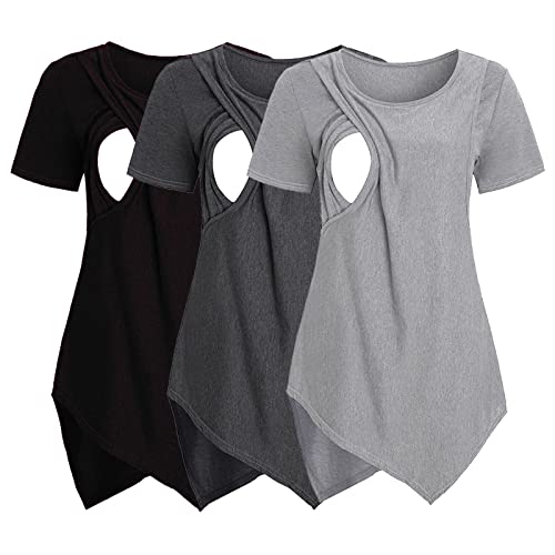 Schwangere Top Damen Stillshirt, 3er Pack Umstandsmode Maternity-Shirt Schwangerschaft Überlagertes Design Stilltop Frauen Baumwoll Rundhals Umstandsshirt Mutterschaft Shirt für Stillen (Dark Gray, M) von Glücksvogel