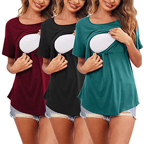 Schwangere Top Damen Stillshirt, 3er Pack Umstandsmode Maternity-Shirt Schwangerschaft Überlagertes Design Stilltop Frauen Baumwoll Rundhals Umstandsshirt Mutterschaft Shirt für Stillen (EA-Wine, M) von Glücksvogel