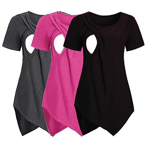 Schwangere Top Damen Stillshirt, 3er Pack Umstandsmode Maternity-Shirt Schwangerschaft Überlagertes Design Stilltop Frauen Baumwoll Rundhals Umstandsshirt Mutterschaft Shirt für Stillen (EC-Black, L) von Glücksvogel