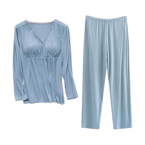 Stillpyjama Damen Lang Stillschlafanzug Baumwolle Umstandspyjama Lang Schwangerschaft Pyjama Set Stillfunktion Nachtwäsche Langarm Winter Umstandsmode Schlafanzüge Stillmode für Stillzeit (Blue, M) von Glücksvogel