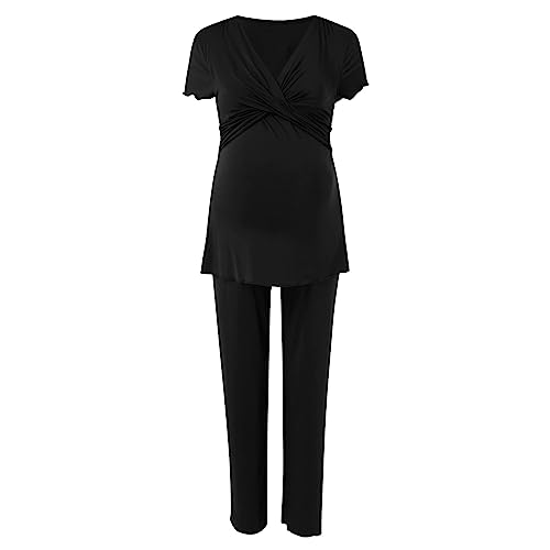 Stillpyjama Damen Lang Zweiteiliger Schlafanzug Kurzarm Umstands Stillschlafanzug für Damen Baumwolle Pyjama Stillfunktion Geburt Nachtwäsche Set Sleepwear Umstandspyjama Maternity Pyjama (Black, XXL) von Glücksvogel