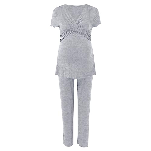 Stillpyjama Damen Lang Zweiteiliger Schlafanzug Kurzarm Umstands Stillschlafanzug für Damen Baumwolle Pyjama Stillfunktion Geburt Nachtwäsche Set Sleepwear Umstandspyjama Maternity Pyjama (Grey, L) von Glücksvogel