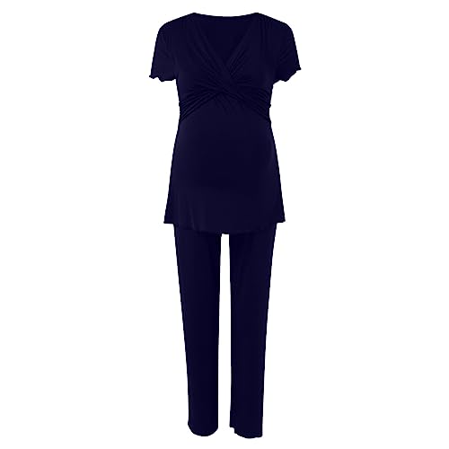 Stillpyjama Damen Lang Zweiteiliger Schlafanzug Kurzarm Umstands Stillschlafanzug für Damen Baumwolle Pyjama Stillfunktion Geburt Nachtwäsche Set Sleepwear Umstandspyjama Maternity Pyjama (Navy, XL) von Glücksvogel