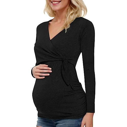 Stillshirt Damen Langarm Umstandsshirt Umstandsmode V-Neck Schwangere Nursing Tops Stillkleidung Umstandsshirt Schwangerschaft T-Shirt Nursing Umstandstop Schwangerschaftsshirt (Black, S) von Glücksvogel