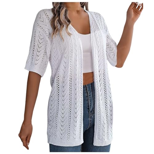 Strickweste Damen Vorne Offen Lange Häkelweste SommerTops Hippie Strickjacke Spitze Elegante Boho Häkeln Hohl Weste Kurzarm lockere Bolerojacke Leichte Summer Strand Cardigan Jacket Bikini (White, M) von Glücksvogel