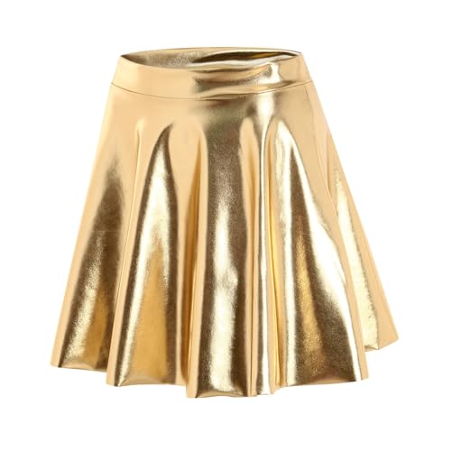 Teenager Mädchen Basic Wet Look Glänzend Metallischer Faltenrock Lederrock Damen Kurze Elastische Skater Rock Dehnbaren Mini Rock Cosplay Rave Party 80er Festival Kostüm Ausgestellte (Gold, XXL) von Glücksvogel