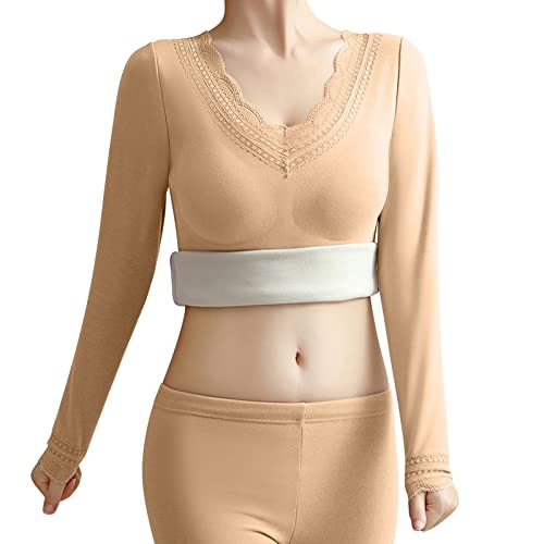 Thermounterwäsche Damen Langarm Spitze Langarmshirt Thermo Unterhemd Warme Thermooberteile Tops Thermounterhemden Winter Fleece Shirt Oberteil Gefütterte Funktionsunterwäsche für Frauen von Glücksvogel