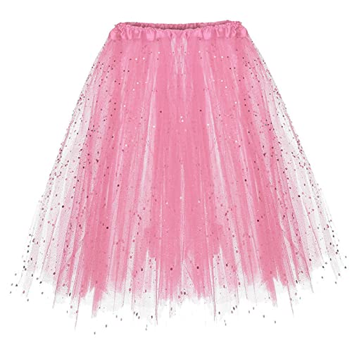 Tüllrock Damen Tutu Rock Glitzernder Klassisch Elastisch Tüll Tüllrock 50er Rock Tütü Erwachsene Kurz Teen Dance Dress Up Party Zubehör Ballett Tanzkleidung Ballettkleidung Outfit (Pink, One Size) von Glücksvogel