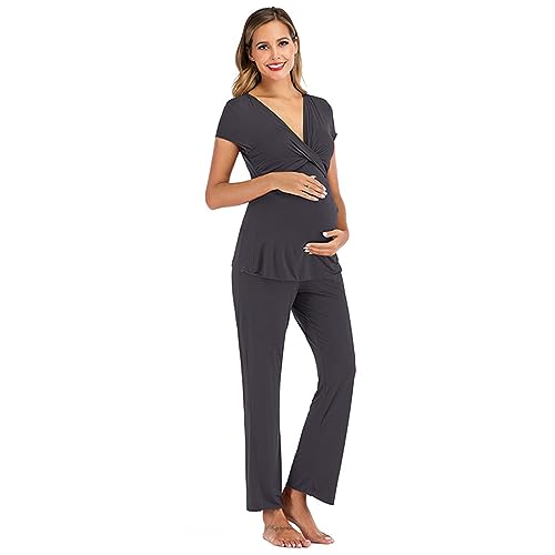 Umstands Pyjama Set für Damen Still Pyjama Set Schwangerschafts Set Stillpyjama Zweiteiliger Stillen Schlafanzug Nachtwäsche Stillshirt Kurzarm Umstandshose Lang Umstandsmode Hausanzug (Grey, M) von Glücksvogel