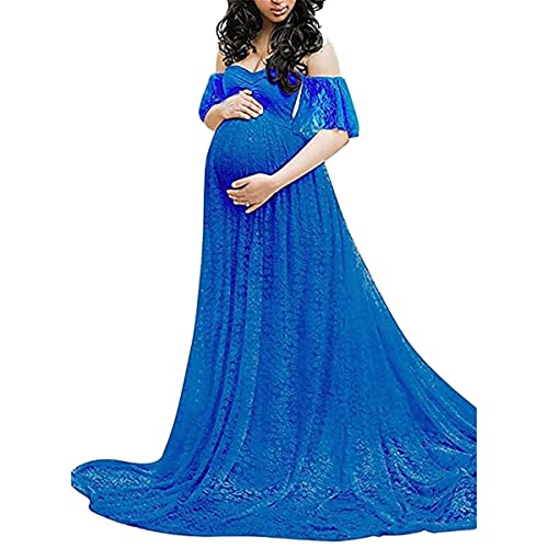 Umstandskleid Fotoshooting Schulterfreies Tüll Langes Maxikleid Damen Elegant Spitze Trägerloses Lange Fotografie Foto Shoot Mutterschaft Kleid Schwangerschafts Fotoshooting Maxi Kleidung (Blue, L) von Glücksvogel