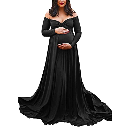Umstandskleid Fotoshooting Schulterfreies Tüll Langes Maxikleid Damen Trägerloses Rüschen Elegant Tailliert Mutterschafts Kleid Off Shoulder Schwangerschafts Umstandsmode Mutterschaft Maxi (Black, XL) von Glücksvogel