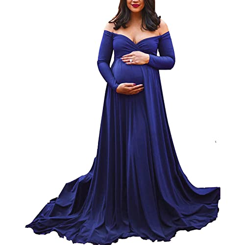 Umstandskleid Fotoshooting Schulterfreies Tüll Langes Maxikleid Damen Trägerloses Rüschen Elegant Tailliert Mutterschafts Kleid Off Shoulder Schwangerschafts Umstandsmode Mutterschaft Maxi (Blue, M) von Glücksvogel