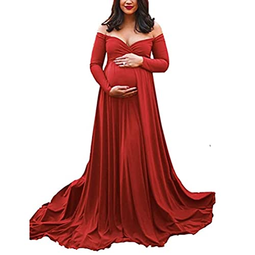 Umstandskleid Fotoshooting Schulterfreies Tüll Langes Maxikleid Damen Trägerloses Rüschen Elegant Tailliert Mutterschafts Kleid Off Shoulder Schwangerschafts Umstandsmode Mutterschaft Maxi (Red, L) von Glücksvogel