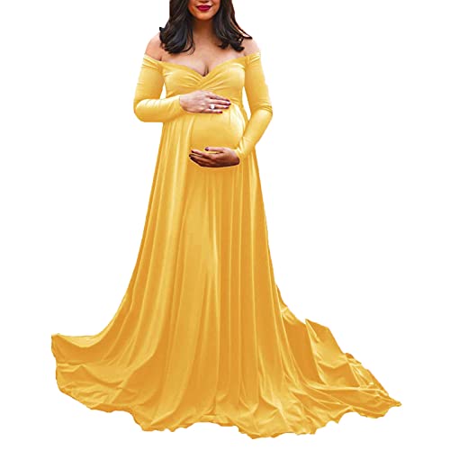 Umstandskleid Fotoshooting Schulterfreies Tüll Langes Maxikleid Damen Trägerloses Rüschen Elegant Tailliert Mutterschafts Kleid Off Shoulder Schwangerschafts Umstandsmode Mutterschaft Maxi (Yellow, L) von Glücksvogel