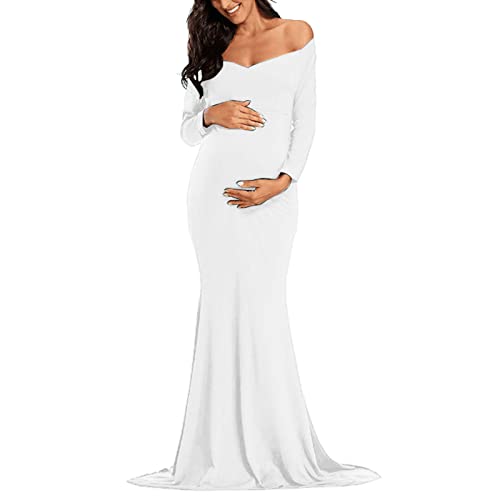 Umstandskleid Fotoshooting Schulterfreies Tüll Langes Maxikleid Elegant Damen Umstandsmode Maxi Spitze Mutterschafts Kleid Off Shoulder Schwangerschafts Elegant Mutterschaft Maxi Kleid für (White, XL) von Glücksvogel