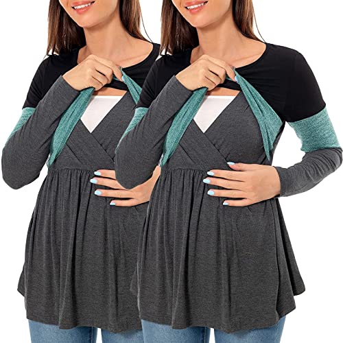 Umstandsshirt 2er Set Langarm Umstands Stillshirt Umstandstop T-Shirt Überlagertes Design Umstandsshirt Still Oberteile für das Stillen Mutterschaft Tops Schwangerschafts Kleidung (Mint Green, L) von Glücksvogel