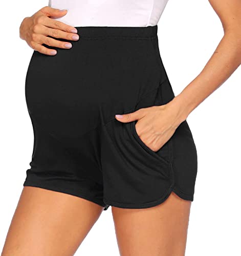 Umstandsshorts Damen Komfortable Kurze Umstandshose Umstandsleggings Baumwolle Super Bequeme Umstands Shorts Maternity Sport Schwangerschaft Kurze Umstandsmode Hose mit Taschen für Sommer (Black, L) von Glücksvogel