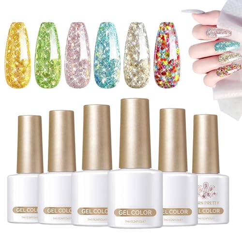 Glitter Nagellack Glitter Gel Polish - 6 Farben UV Maniküre Set Glänzende Oberfläche 7ml | Langlebiges Sparkling Gel Polish für Frauen von Glugahrif